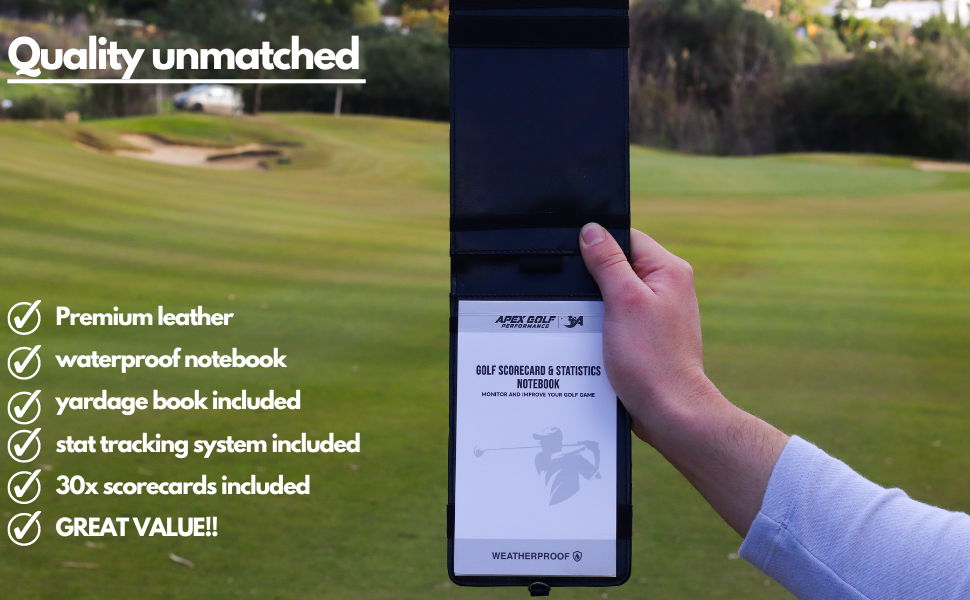 Leather Scorecard Holder with 2x Waterproof Notebooks with Yardage book + Stat Tracking System